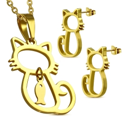 Set auriu din inox cercei si pandantiv cu pisicute